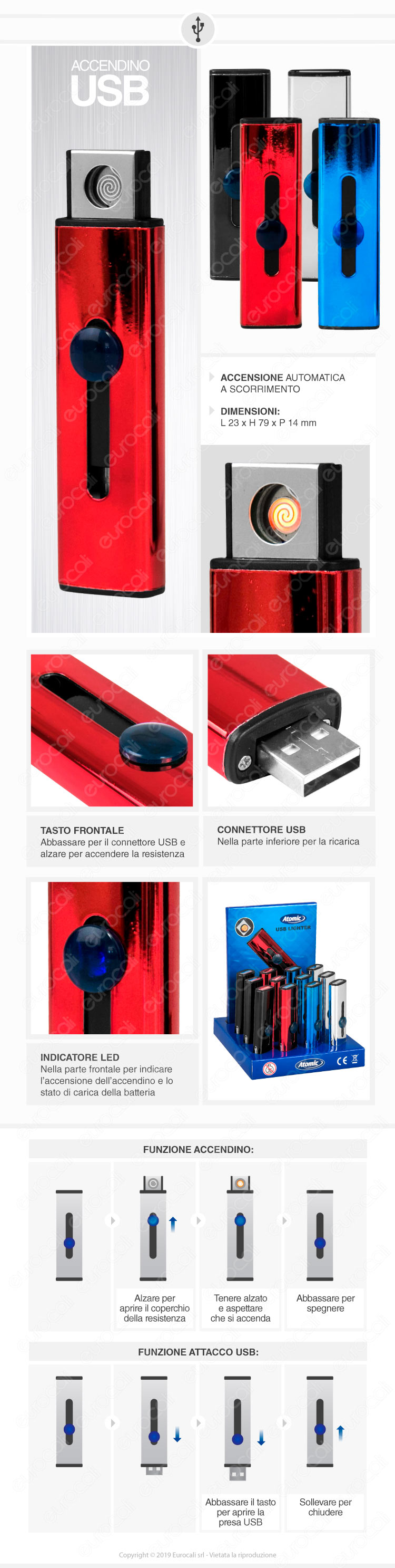 Atomic Accendino USB Ricaricabile Antivento in Metallo Lucido - Box di 13 Accendini
