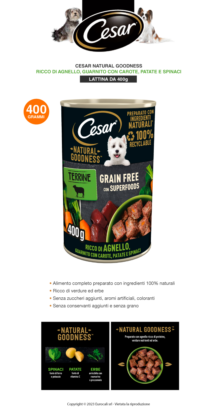 cesar natural goodness grain-free superfood agnello carote patate spinaci erbe per cani