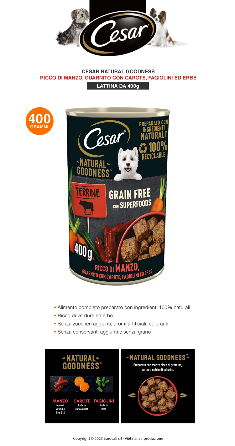 cesar natural goodness grain-free superfood manzo carote fagiolini erbe per cani
