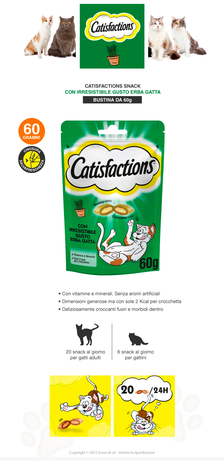 Catisfactions snack croccanti all'erba gatta con morbido ripieno per gatti 60g