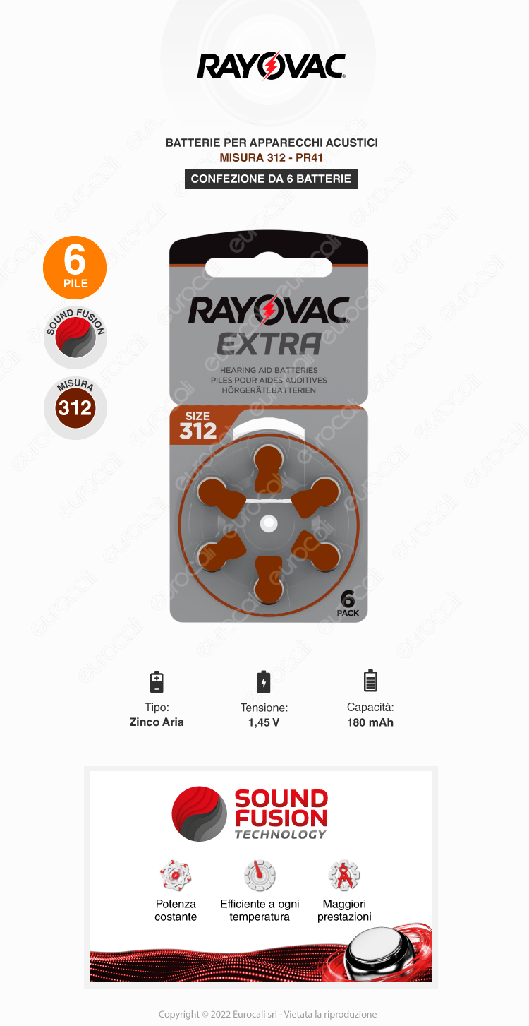 Extra 60 Batterie PILE RAYOVAC Extra 312 per Apparecchi Acustici PROTESI udito PR41 