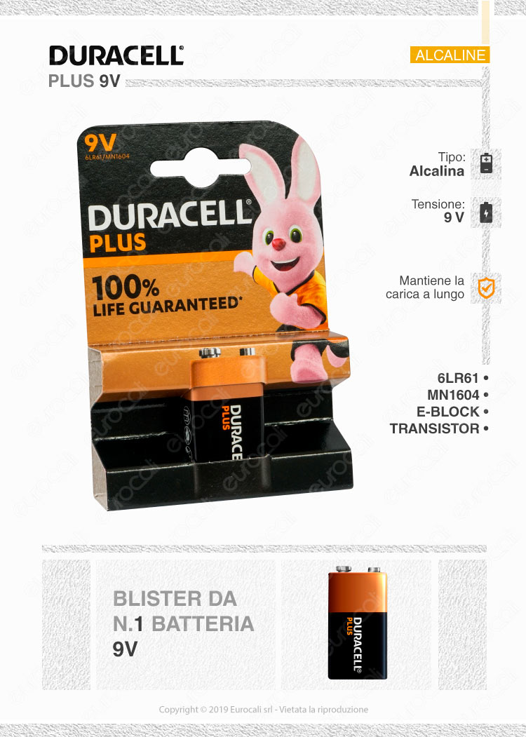 Blister 1 batteria 9V DURACELL plus power alcalina 6LR61