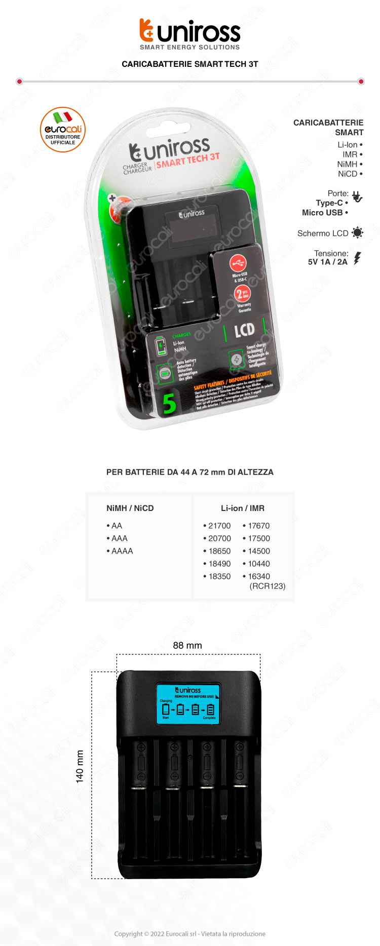 uniross smart tech 3t quick charger caricabatterie 4 pile nimh li-ion