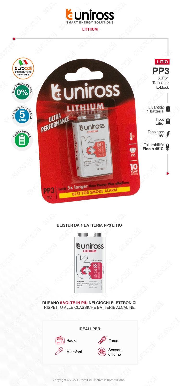 uniross batteria 6lr61 transistor e-block 9v litio pp3 ultra performance
