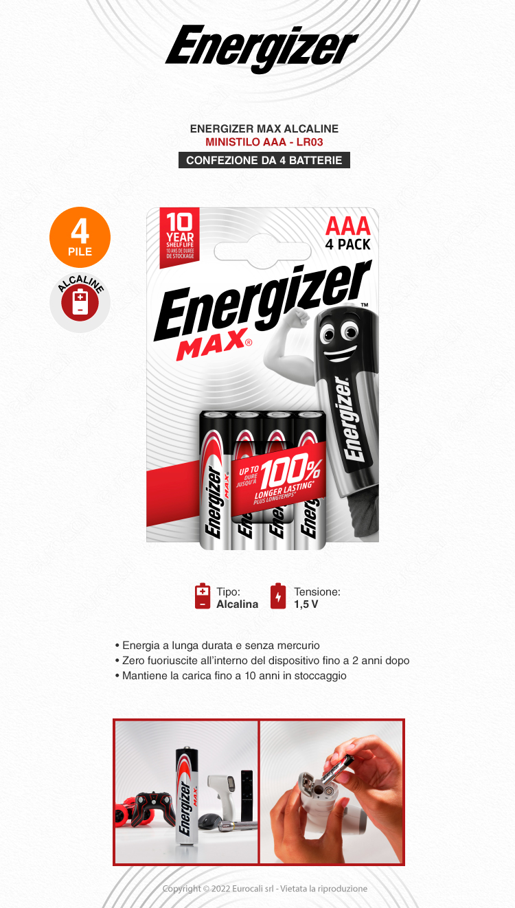 energizer max mini stilo aaa 4 batterie alcaline
