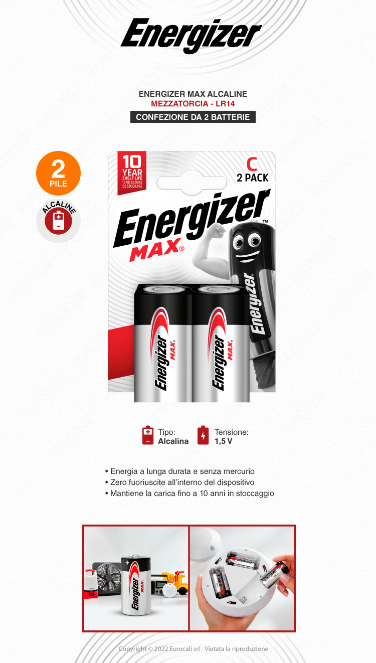 energizer max mezza torcia c 2 batterie alcaline
