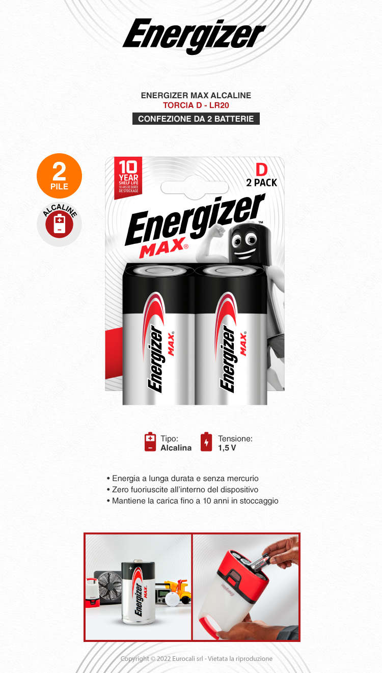 energizer max torcia d 2 batterie alcaline