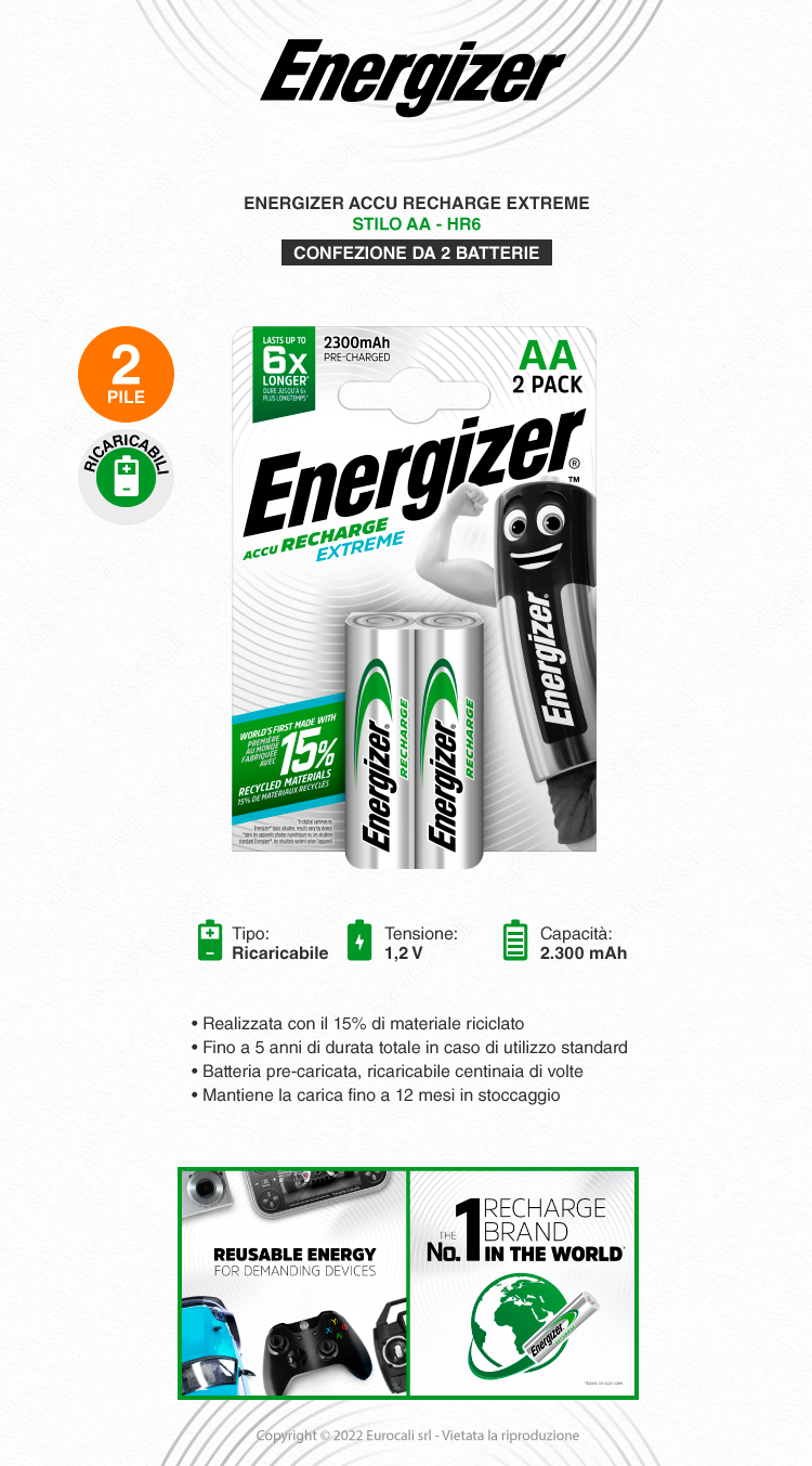 energizer accu recharge extreme stilo aa 2 batterie
