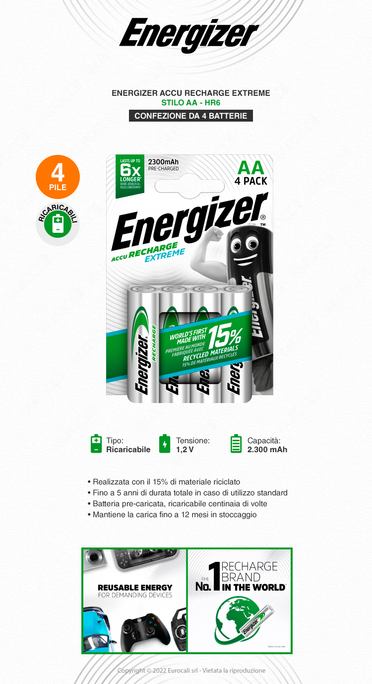 energizer accu recharge extreme stilo aa 4 batterie