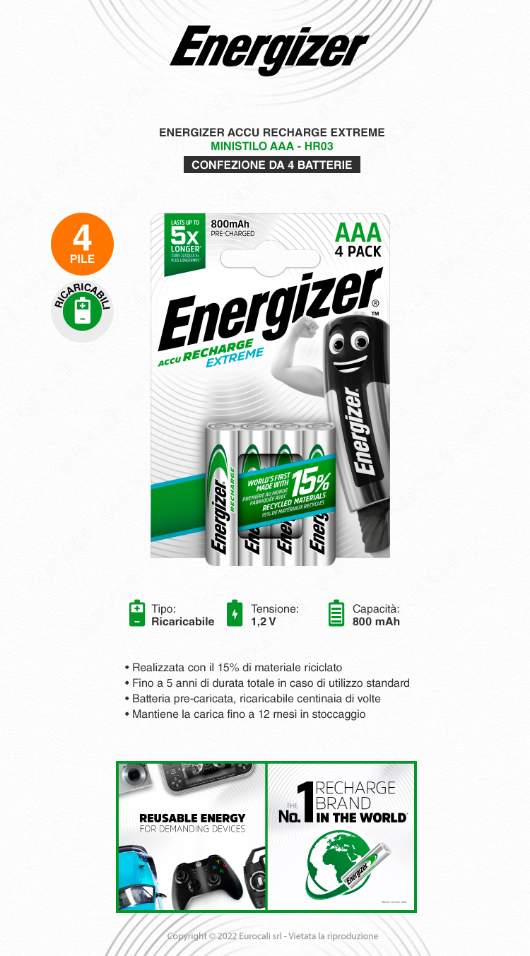 energizer accu recharge extreme ministilo aaa 4 batterie