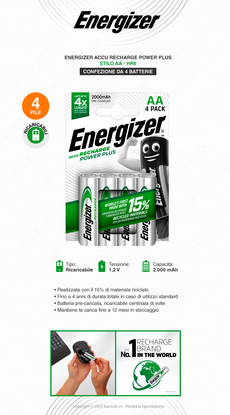 energizer accu recharge power plus stilo aa 4 batterie