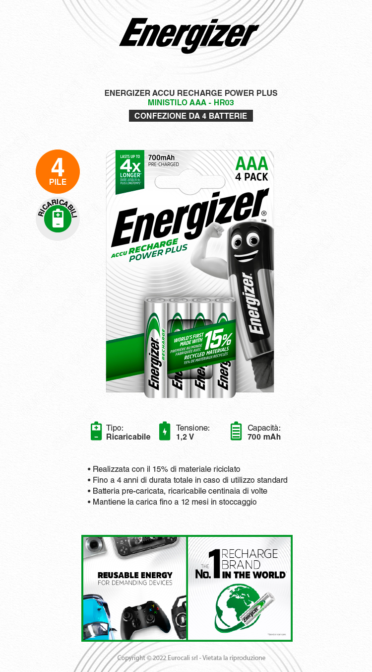 energizer accu recharge power plus mini stilo aaa 4 batterie