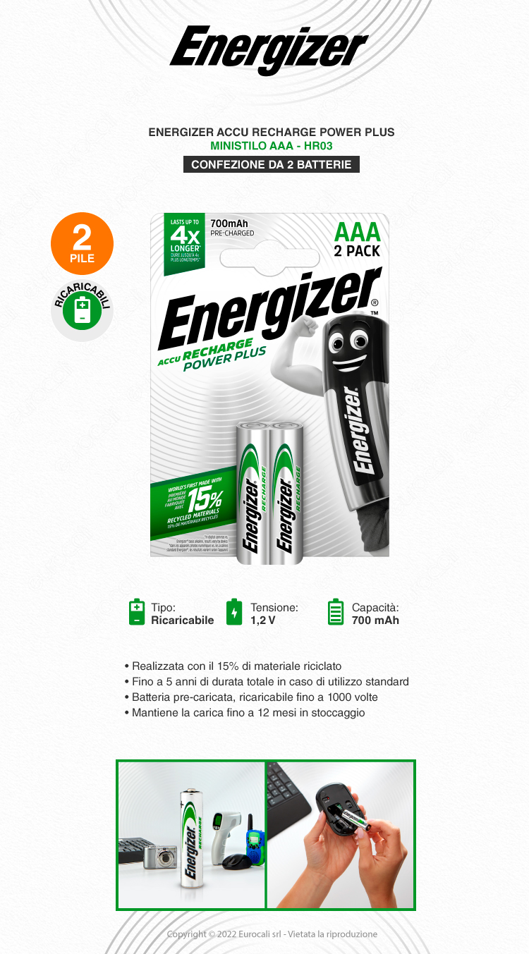 energizer accu recharge power plus mini stilo aaa 2 batterie
