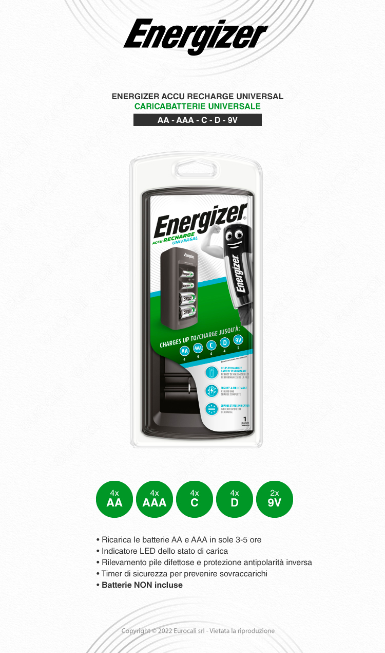 energizer accu recharge universal caricabatterie ni-mh aa aaa c d 9v