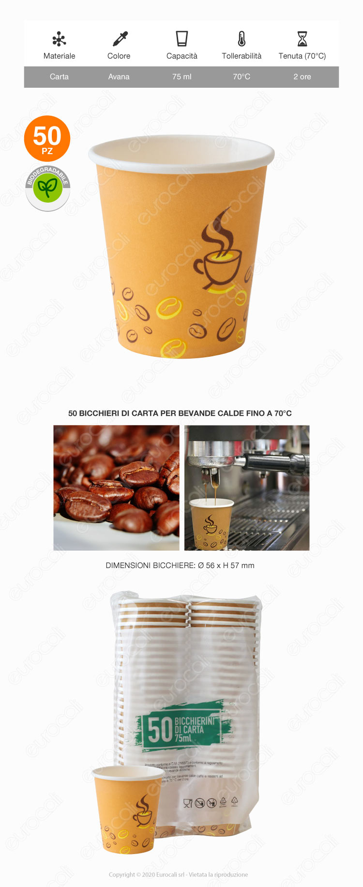 50 Bicchierini in Carta da Caffè Biodegradabili Colore Avana 75ml