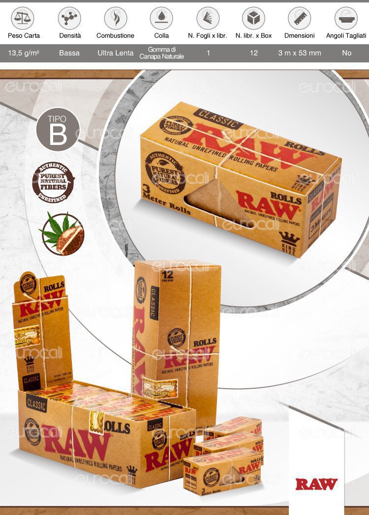 Cartine RAW ROLLS 24pz King Size Classic Lunghe rotolo Regular