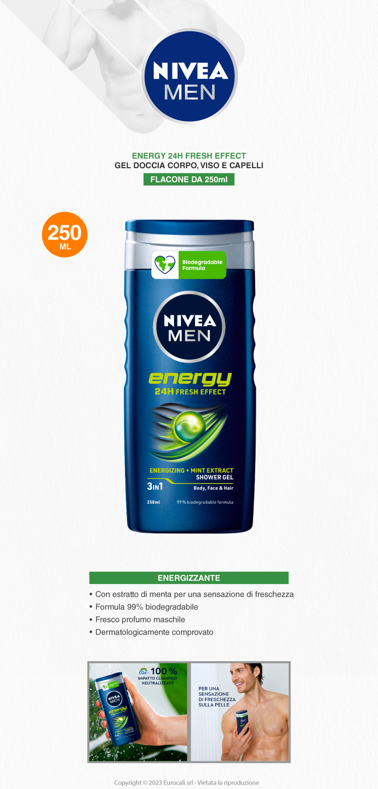 Nivea Men Energy 24h Fresh Effect Shower Gel 3in1 Energizing Mint Extract corpo viso capelli bio 250ml