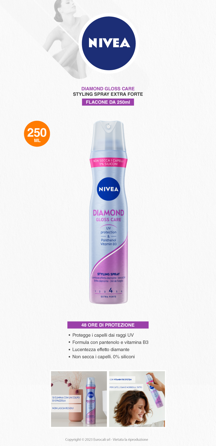 Nivea Diamond Gloss Care Styling Spray UV Protection & Panthenol Vitamin B3 Tenuta 4 Extra Forte 24h Lucentezza Effetto Diamante lacca capelli 250ml