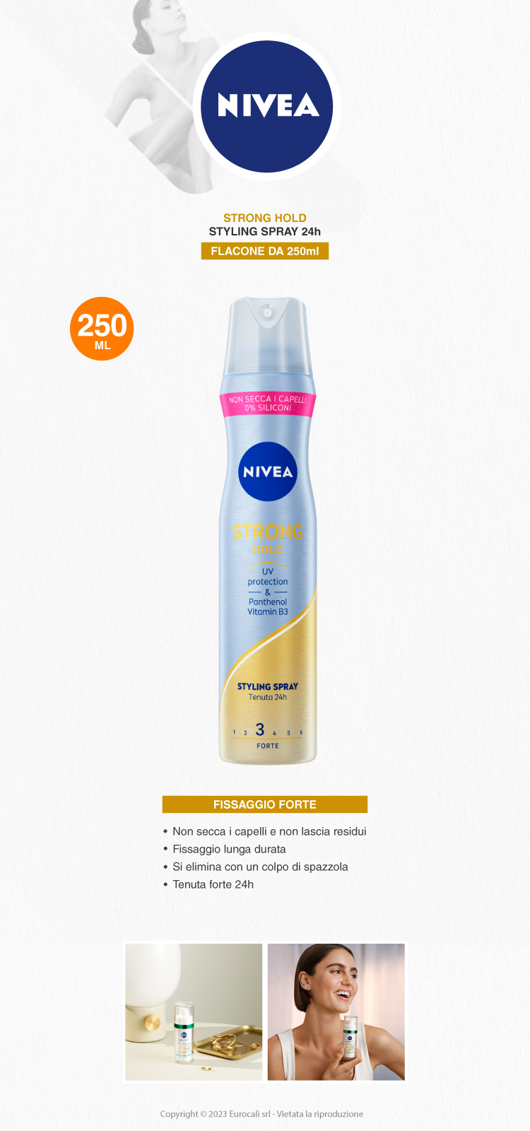 Nivea Strong Hold Styling Spray UV Protection & Panthenol Vitamin B3 Tenuta 3 Forte 24h lacca capelli 250ml