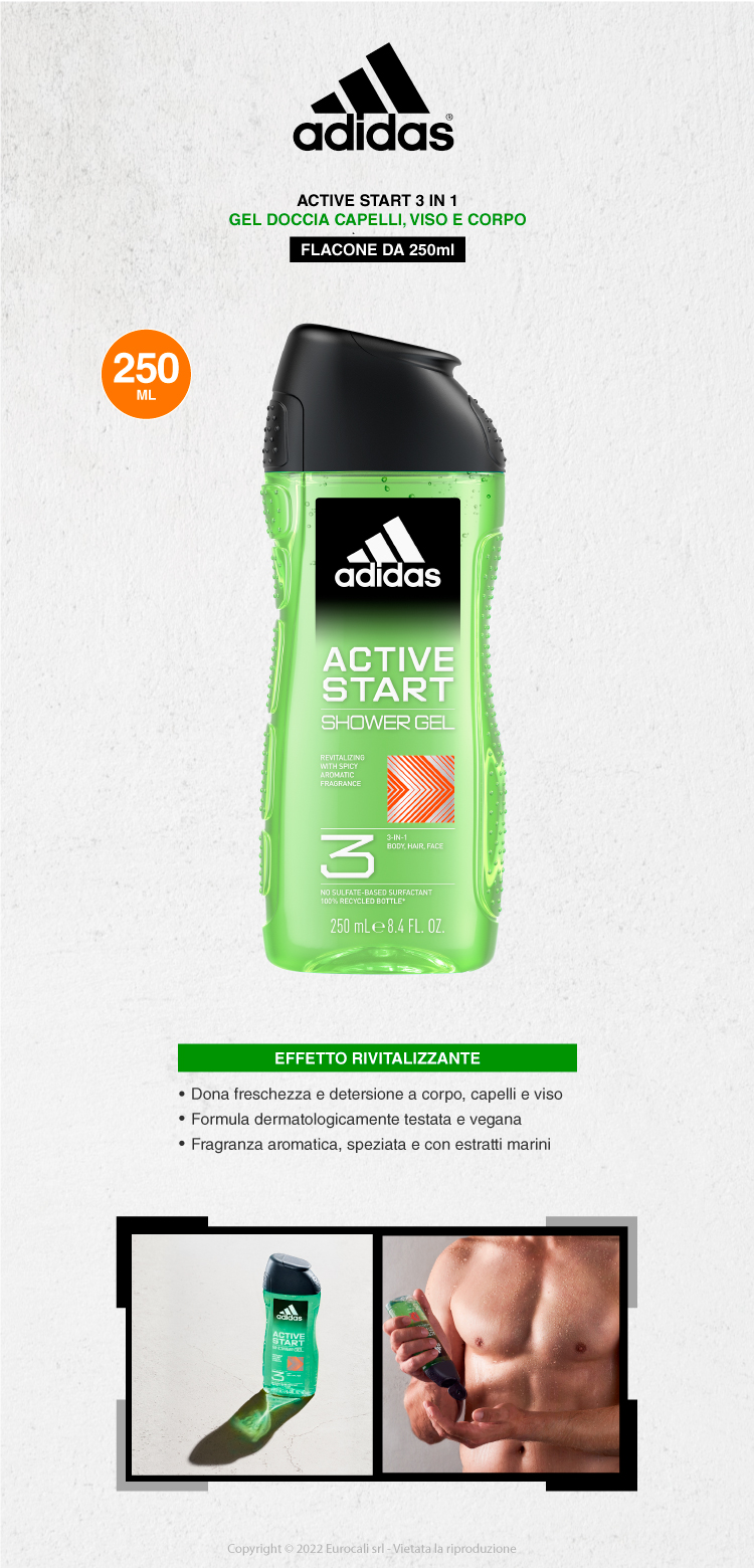 adidas active start shower gel revitalizing spicy aromatic fragrance 3-in-1 body hair face bagnodoccia uomo 250ml