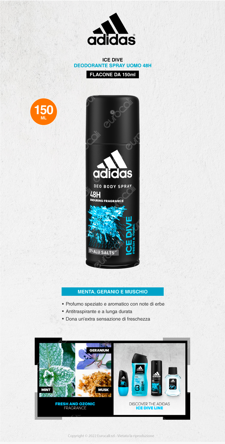 adidas ice dive deo body spray deodorante uomo 48h 150ml