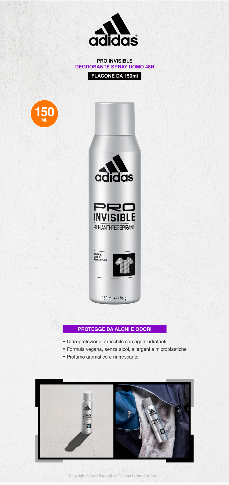 adidas pro invisible 48h anti-perspirant mark & odour protection deodorante spray uomo 150ml