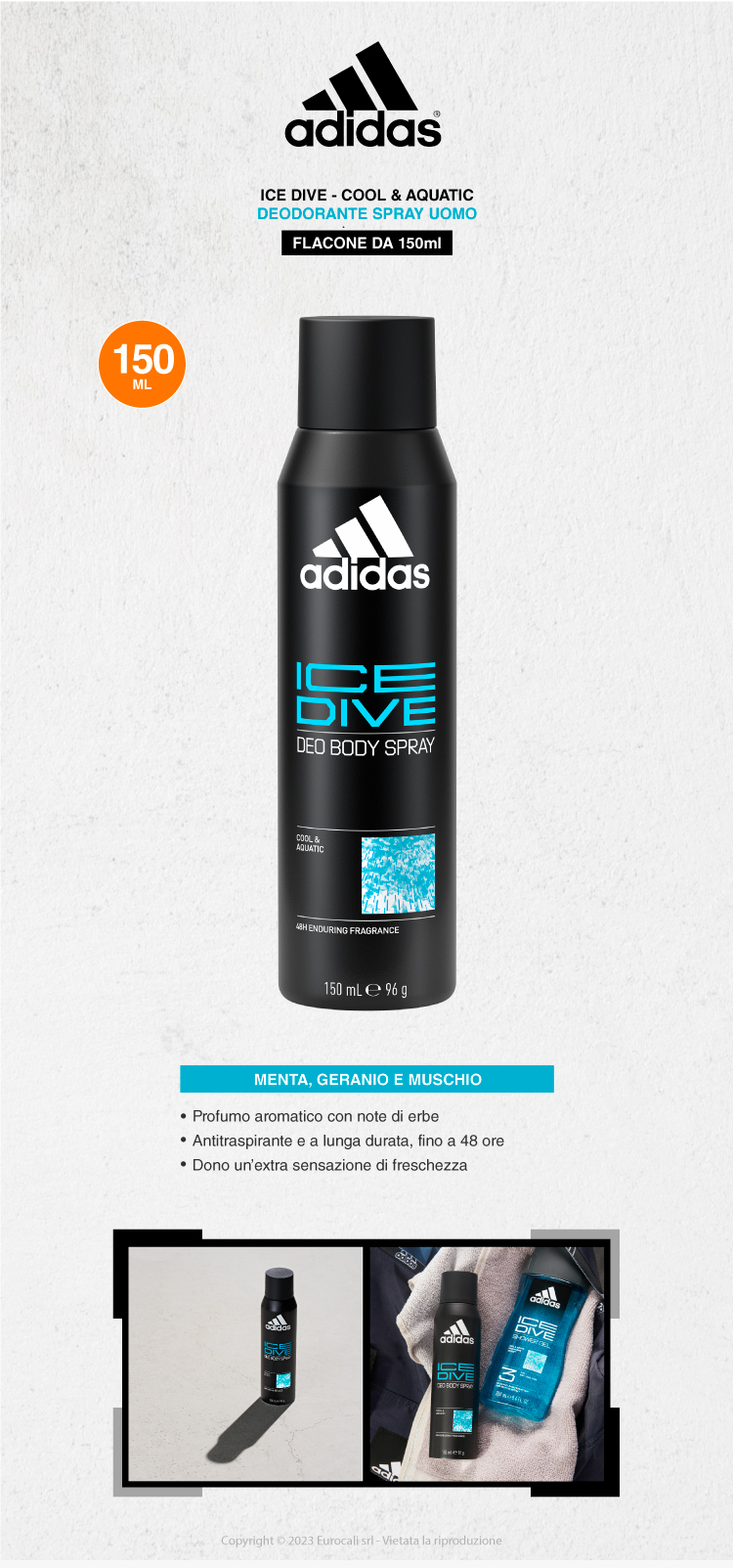 adidas ice dive cool e aquatic deodorante uomo 48h spray 150ml