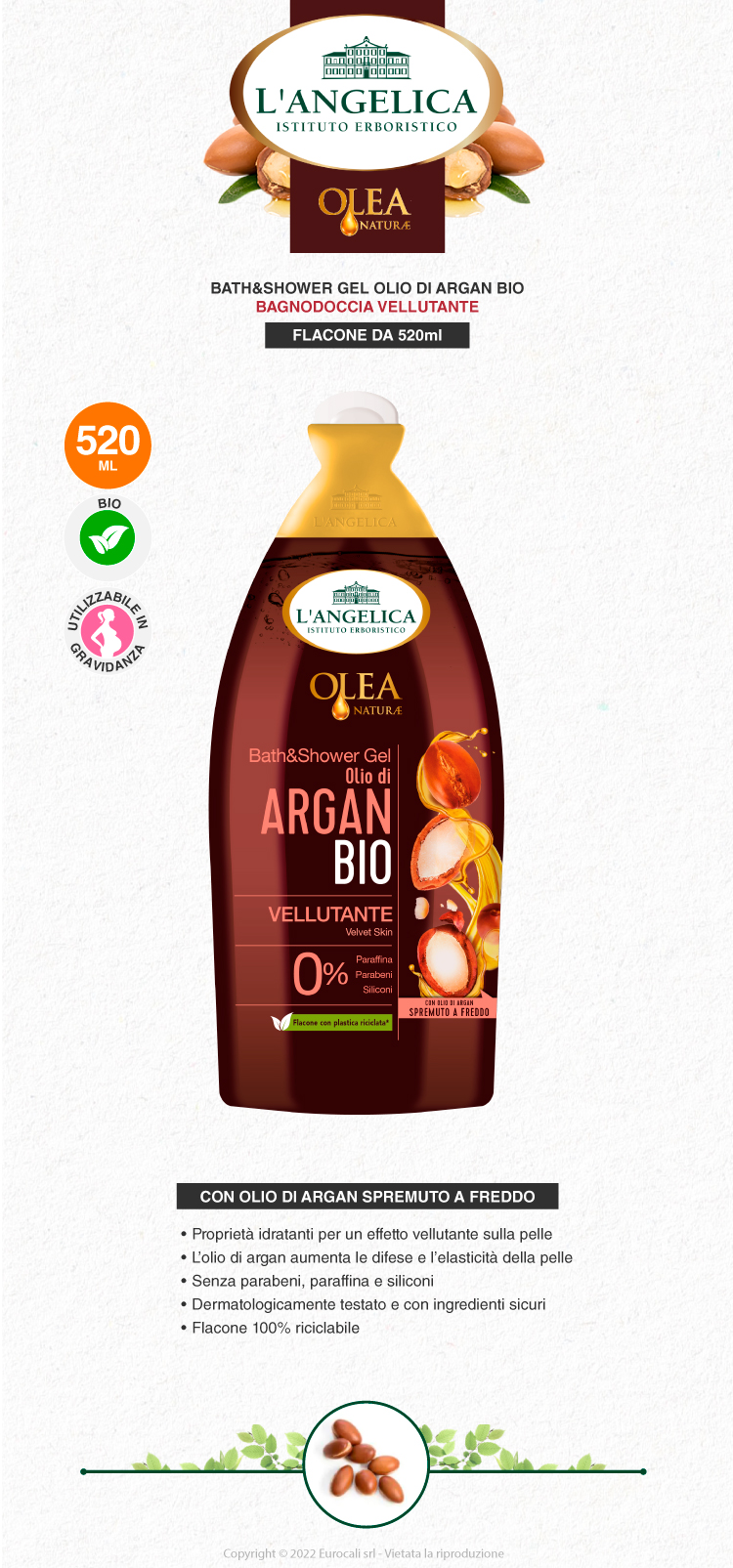 L'Angelica Olea Naturae Bat&Shower Gel con Olio di Argan Bio bagnoschiuma vellutante 520ml