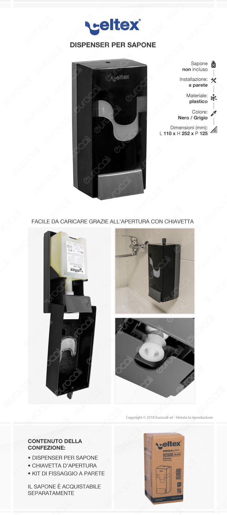 Celtex Megamini Black Dispenser per Sapone Lavamani - Colore Nero