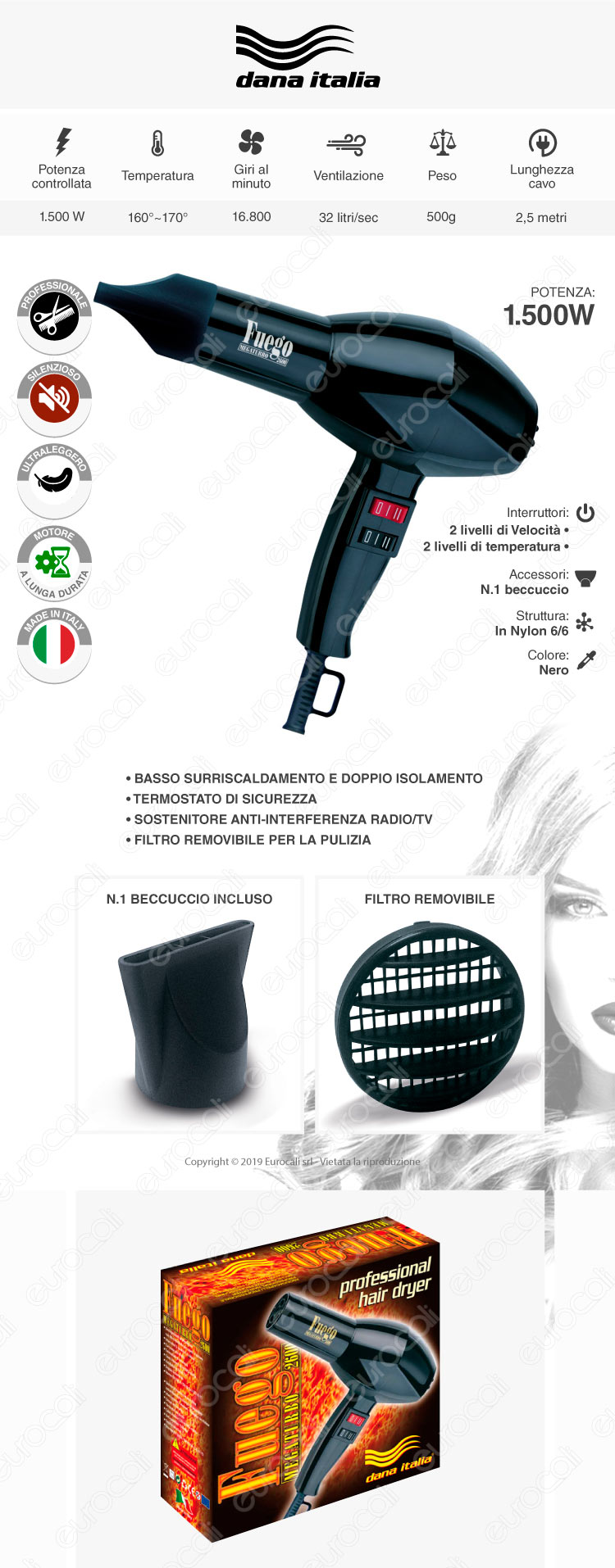 Dana Italia Fuego Megaturbo 2600 - Asciugacapelli Professionale