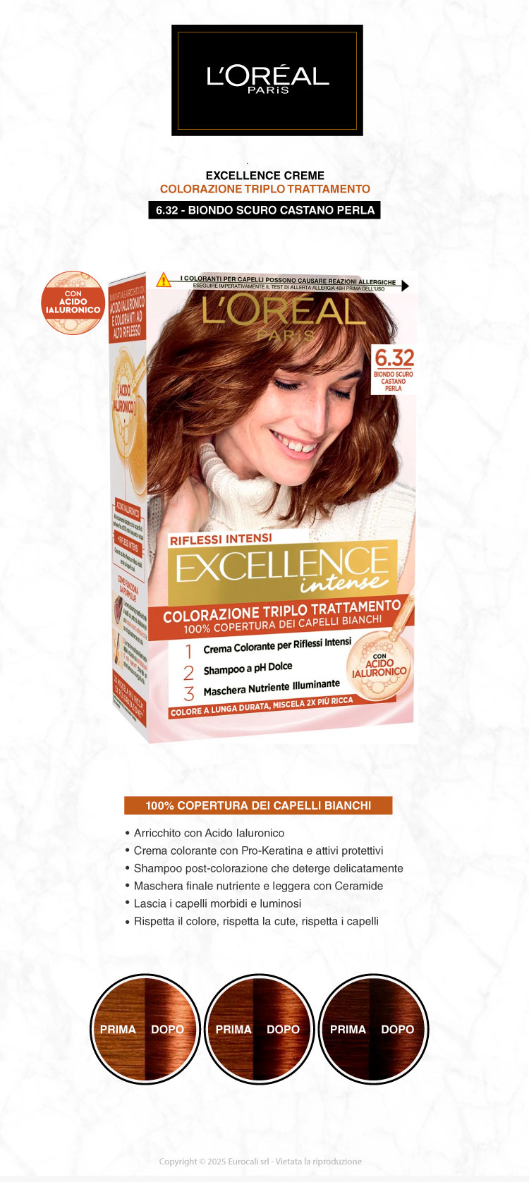 L'Oréal Paris Excellence Intense Colorazione Permanente 6.32 Biondo Scuro Castano Perla Triplo Trattamento Riflessi Intensi con Acido Ialuronico