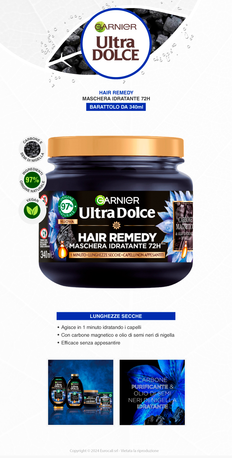 Garnier Ultra Dolce Hair Remedy Maschera Idratante 72H Carbone Magnetico 340ml
