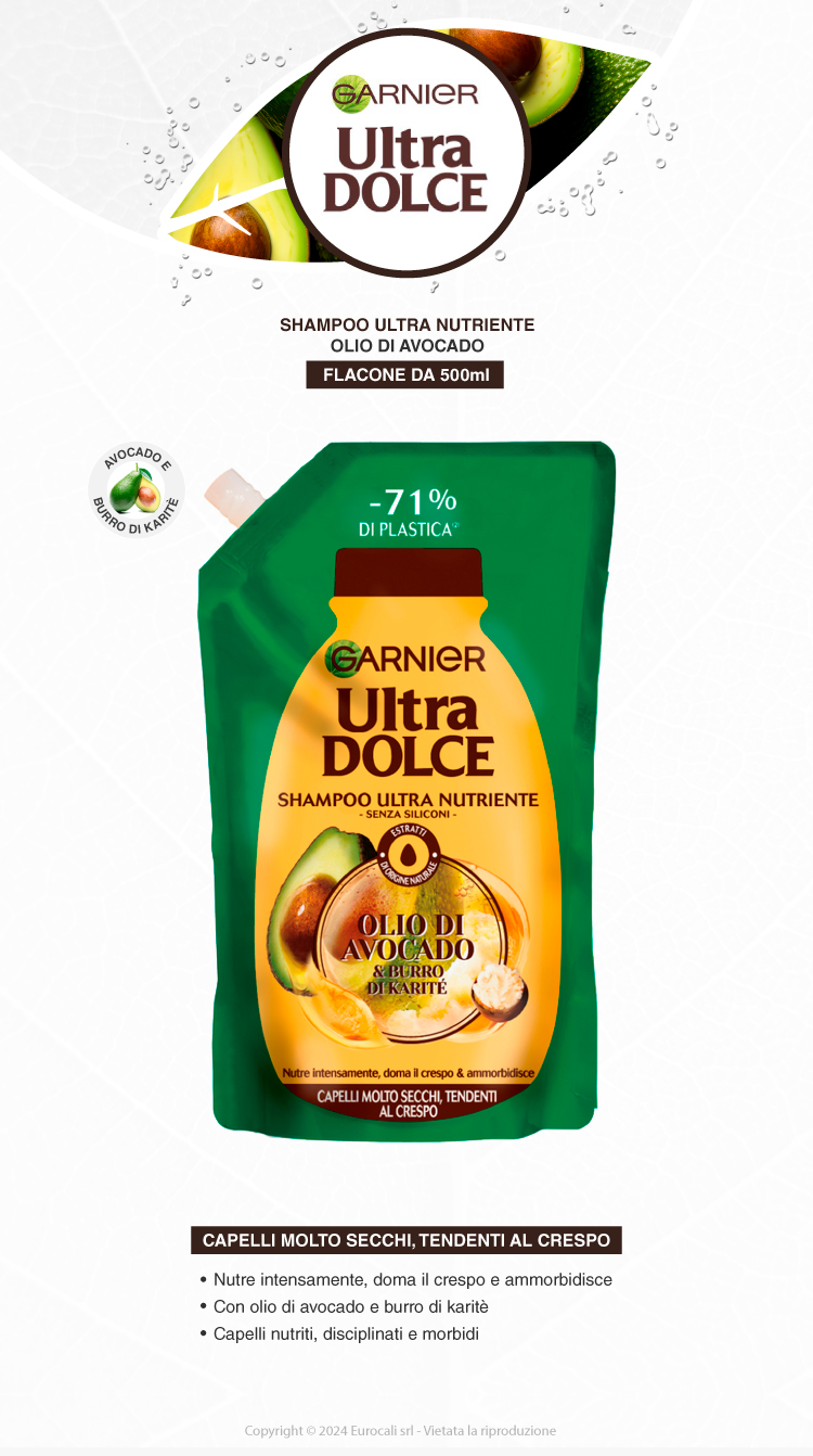 Garnier Ultra Dolce Hair Shampoo Ultra Nutriente Olio di Avocado e Burro di Karité Eco 500ml