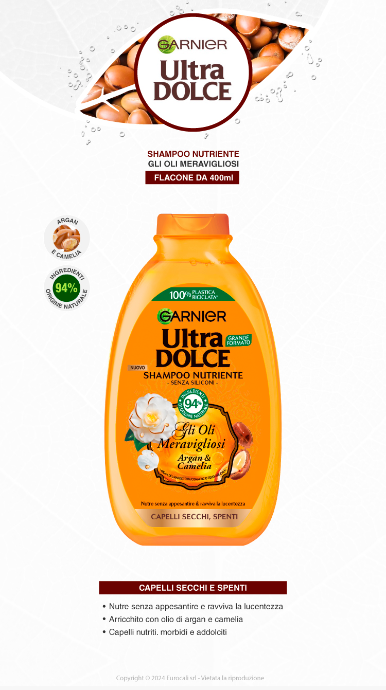 Garnier Ultra Dolce Shampoo Nutriente Gli Oli Meravigliosi Argan Camelia 400ml
