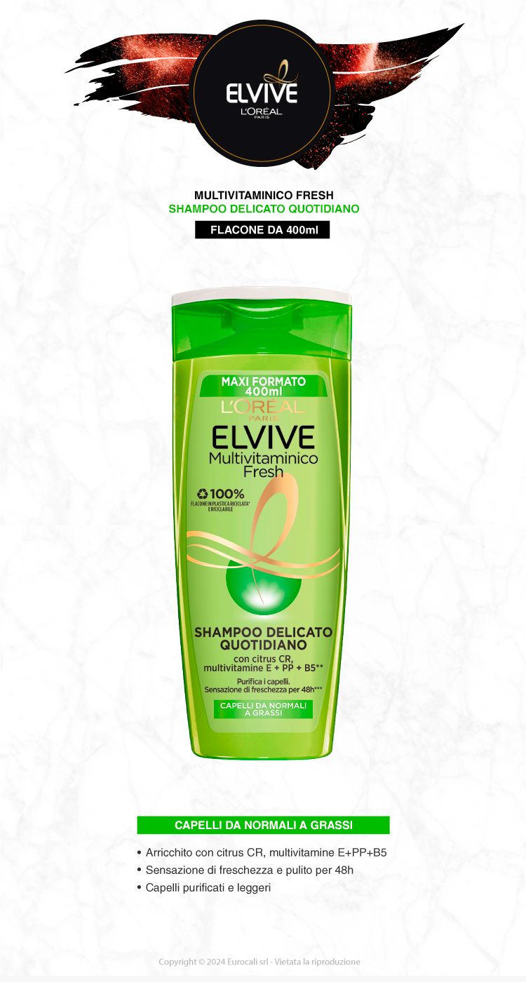 L'Oréal Paris Elvive Multivitaminico Fresh Shampoo Delicato Quotidiano per Capelli da Normali a Grassi 400ml