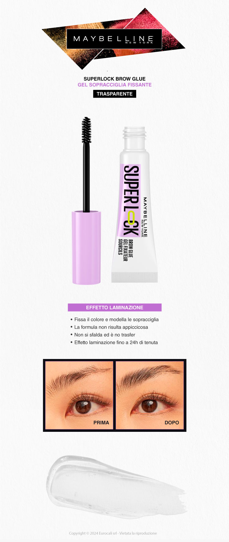 Maybelline New York Super Lock Brow Glue Gel Sopracciglia Trasparente 7ml