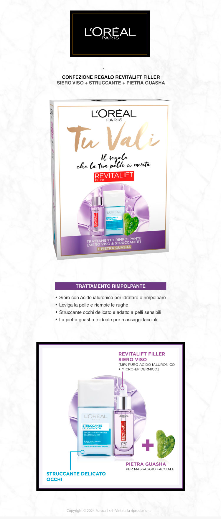 L'Oréal Paris Tu Vali Confezione Regalo Revitalift Filler Siero Acido Ialuronico 30ml + Struccante Occhi + Pietra Gua Sha