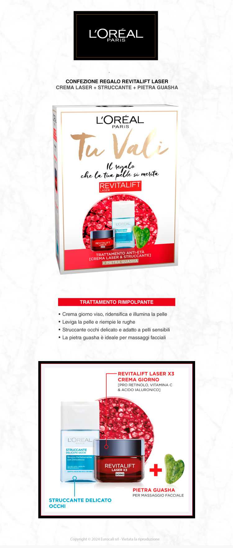 L'Oréal Paris Tu Vali Confezione Regalo Crema Revitalift Laser X3 Acido Ialuronico 50ml + Struccante Occhi + Pietra Gua Shae Occhi + Pietra Gua Sha