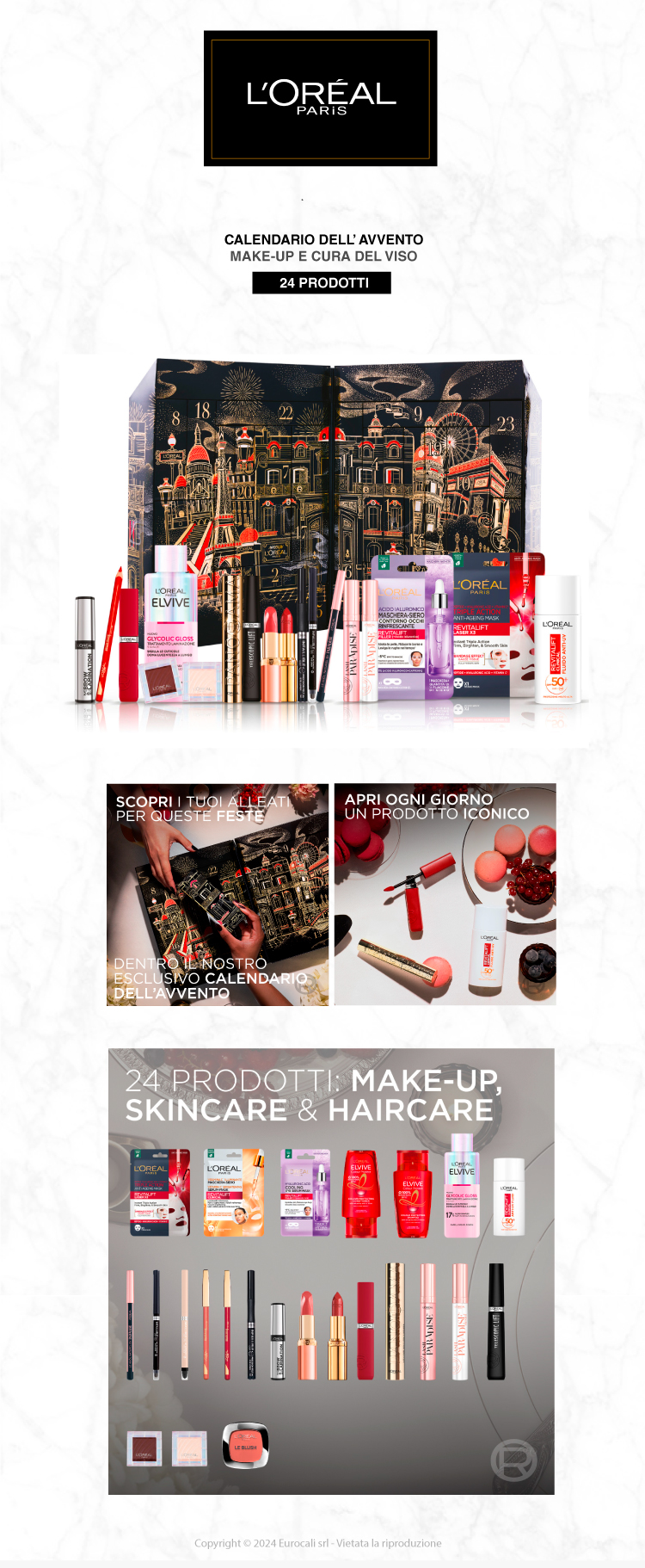 L'Oréal Paris 2024 Calendario dell'avvento 24 giorni 24 prodotti makeup + skincare + haircare