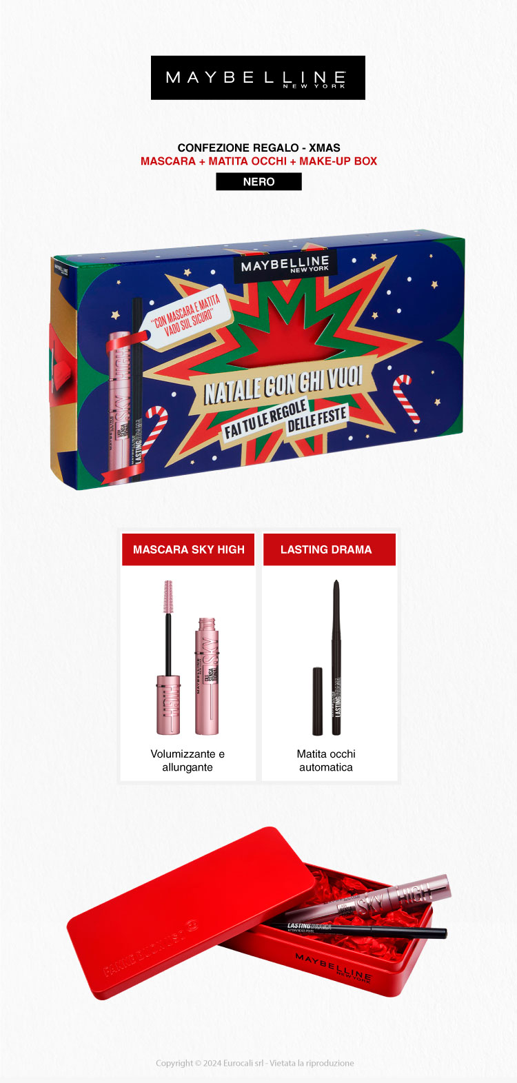 Maybelline New York Confezione Regalo Natale Sky High Mascara + Lasting Drama Matita Occhi Colore Nero + Make Up Box