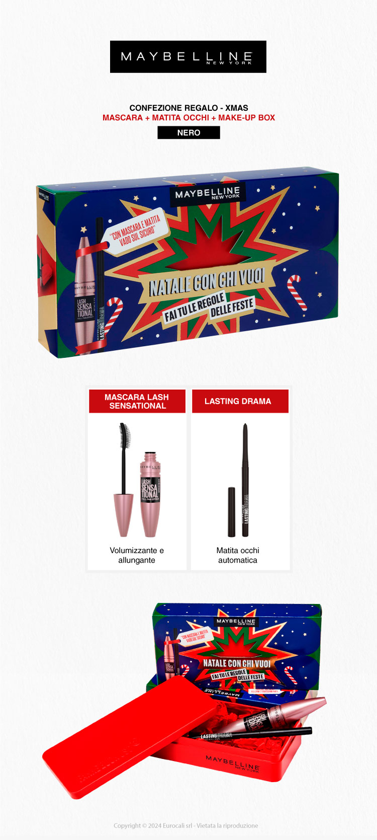 Maybelline New York Confezione Regalo Natale Lash Sensational Mascara Volumizzante + Lasting Drama Matita Occhi + Make Up Box