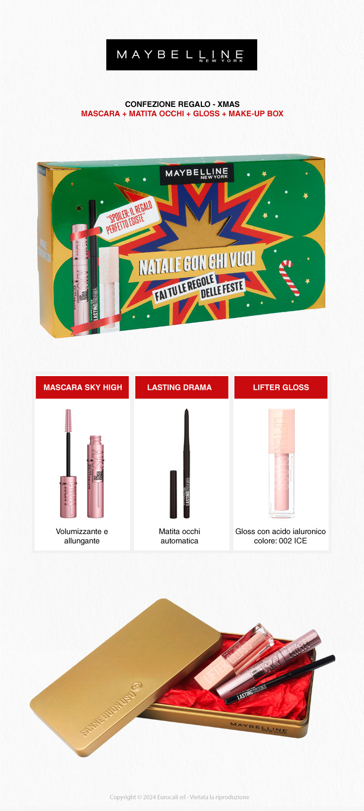 Maybelline New york Confezione Regalo Natale Mascara Matita Occhi Lucidalabbra