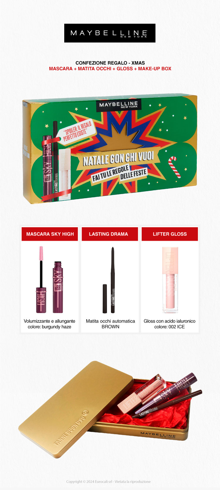 Maybelline New york Confezione Regalo Natale Mascara Matita Occhi Lucidalabbra