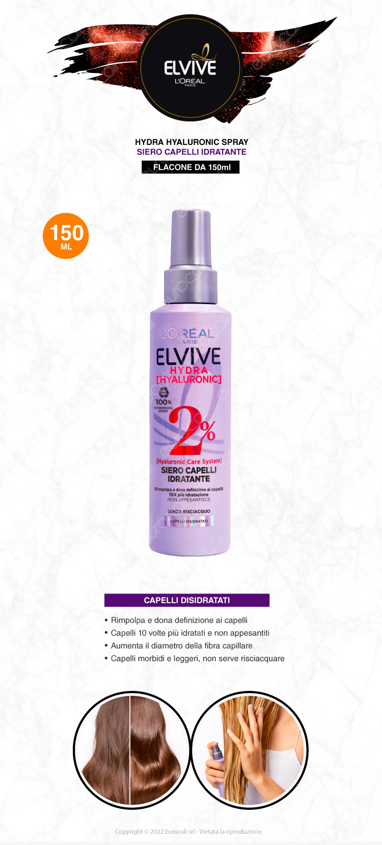 l'oréal paris elvive hydra hyaluronic siero capelli idratante spray 150ml
