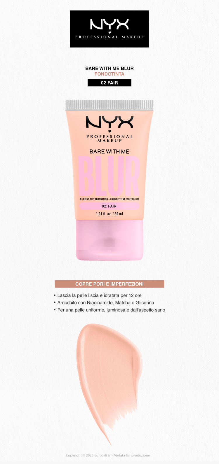 NYX Professional Makeup Bare With Me Blur Fondotinta 02 Fair 30ml