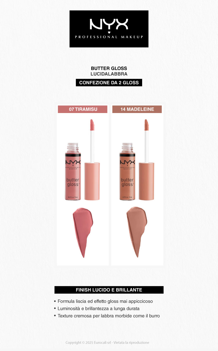 NYX Professional Makeup Butter Gloss Lucidalabbra Colorato Set 14 Madeleine + 07 Tiramisù (2x 8ml)