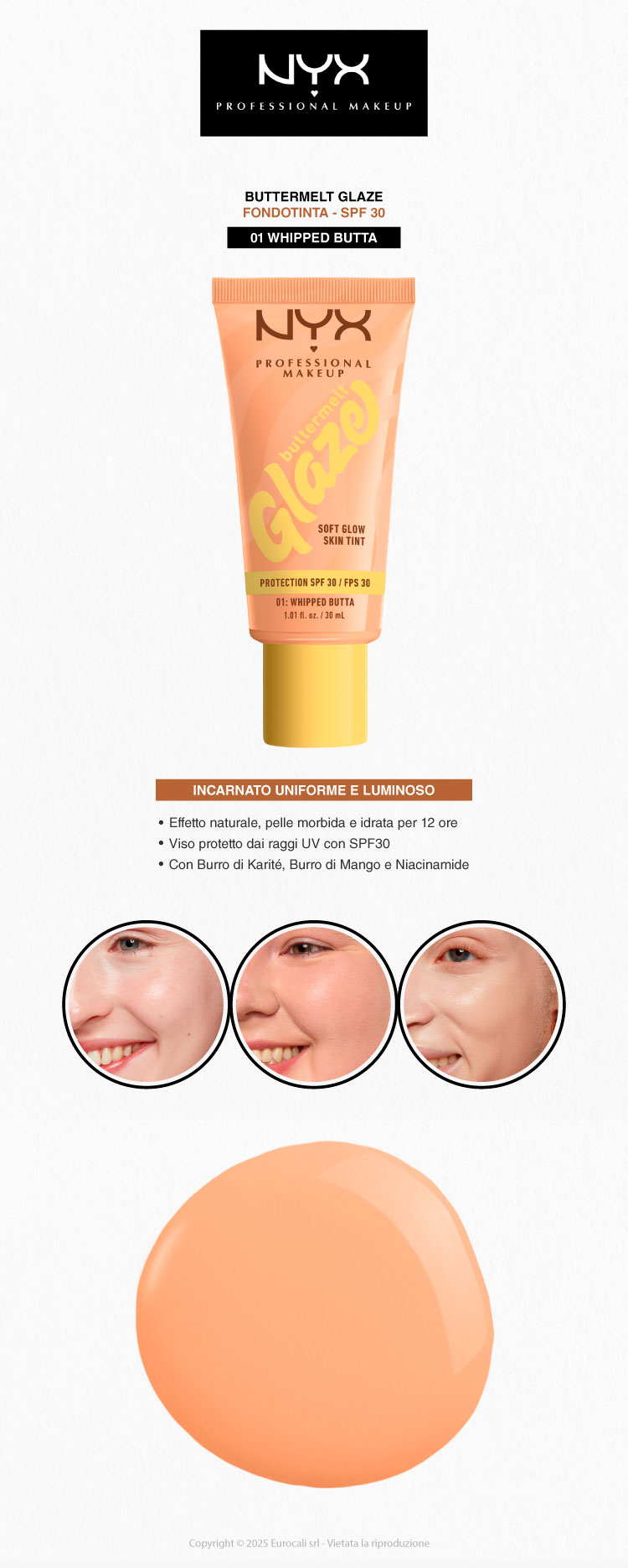 NYX Professional Makeup Buttermelt Glaze Fondotinta Illuminante SPF30 01 Whipped Butta 30ml