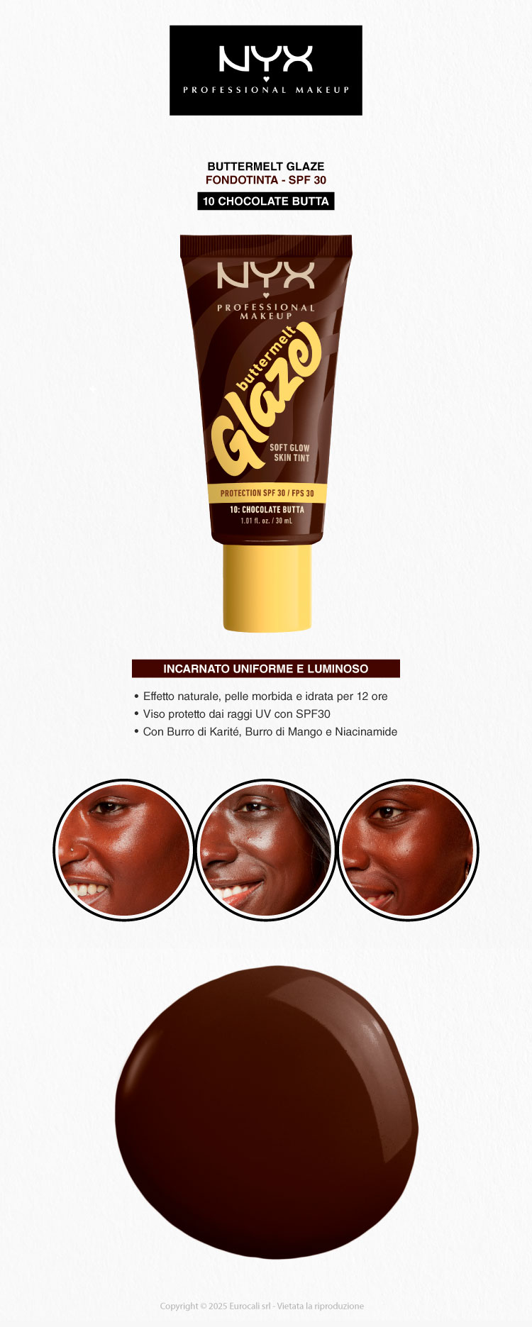 NYX Professional Makeup Buttermelt Glaze Fondotinta Illuminante SPF30 10 Chocolate Butta 30ml