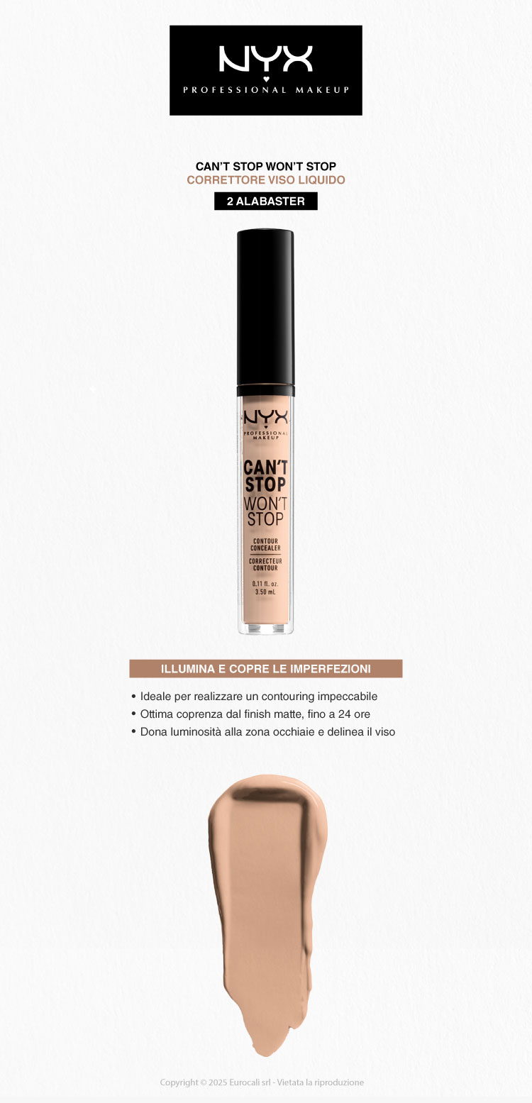 NYX Professional Makeup Can't Stop Won't Stop Correttore Liquido Viso 2 Alabaster 3,5ml