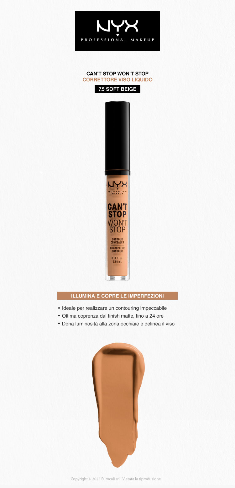 NYX Professional Makeup Can't Stop Won't Stop Correttore Liquido Viso 7.5 Soft Beige 3,5ml